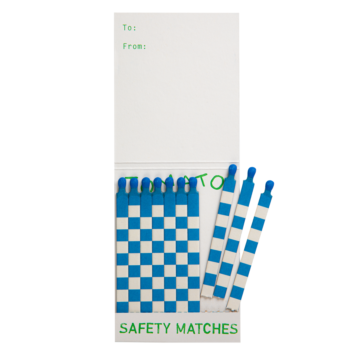 Inside the Tomato match book with blue and white matches and a To/From space
