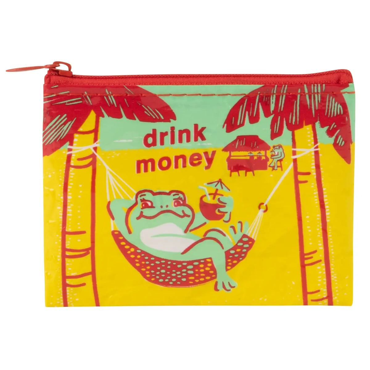 Blue Q coin purse: a frog in a hammock with a cocktail, with 'Drink money'