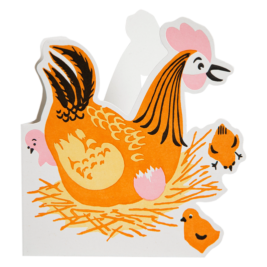 Archivist cut-out card: an orange mother hen on a nest with chicks