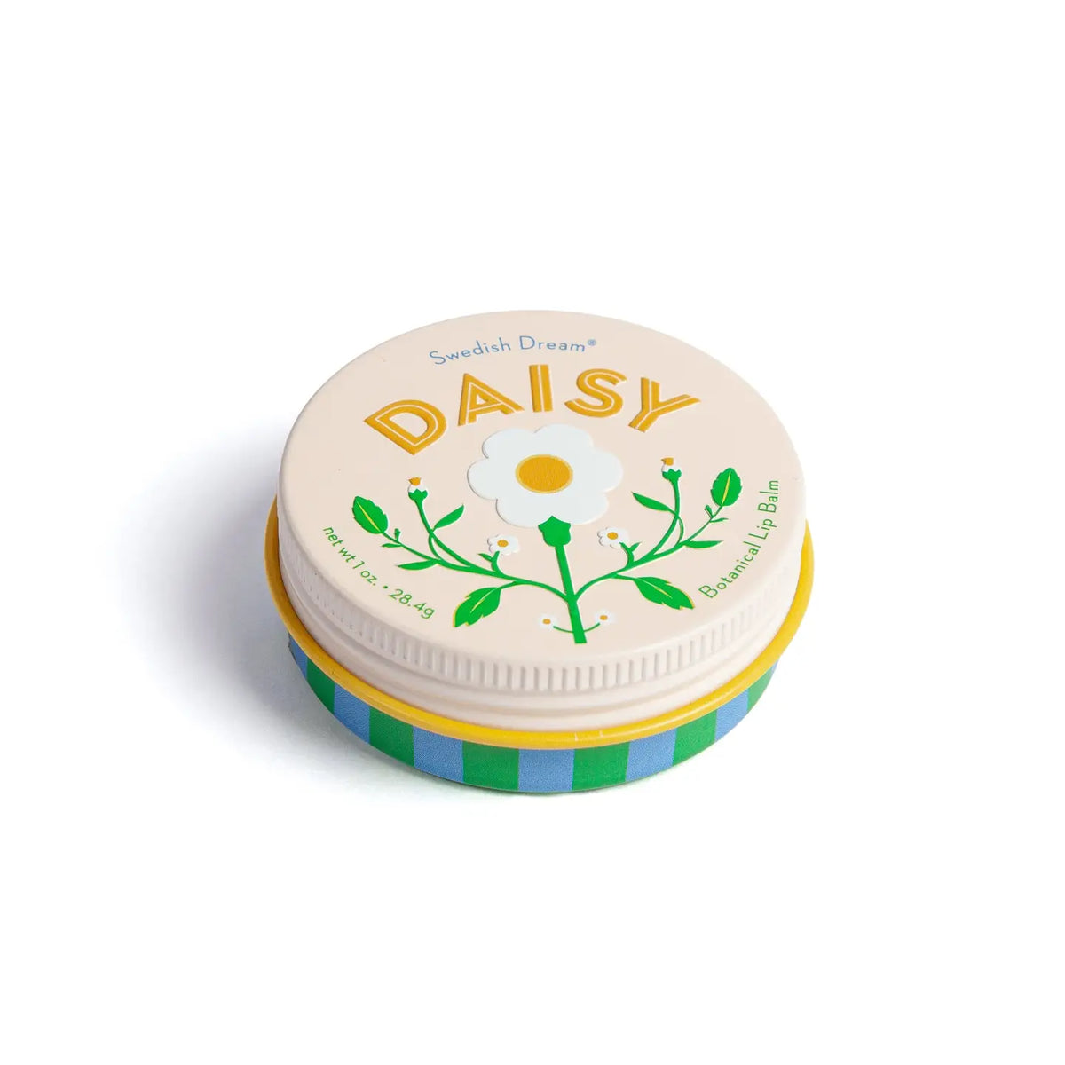 Swedish Dream daisy lip balm: a round tin with a daisy on the lid