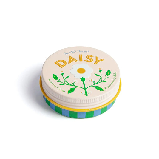 Swedish Dream daisy lip balm: a round tin with a daisy on the lid