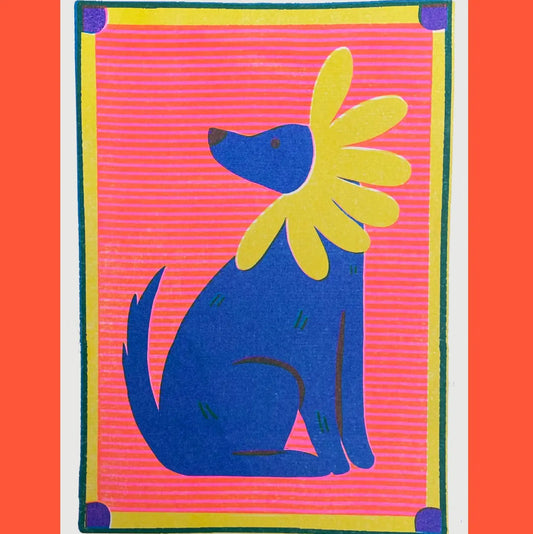 Naomi Wilkinson A5 print: a blue whippet with a yellow daisy collar on pink