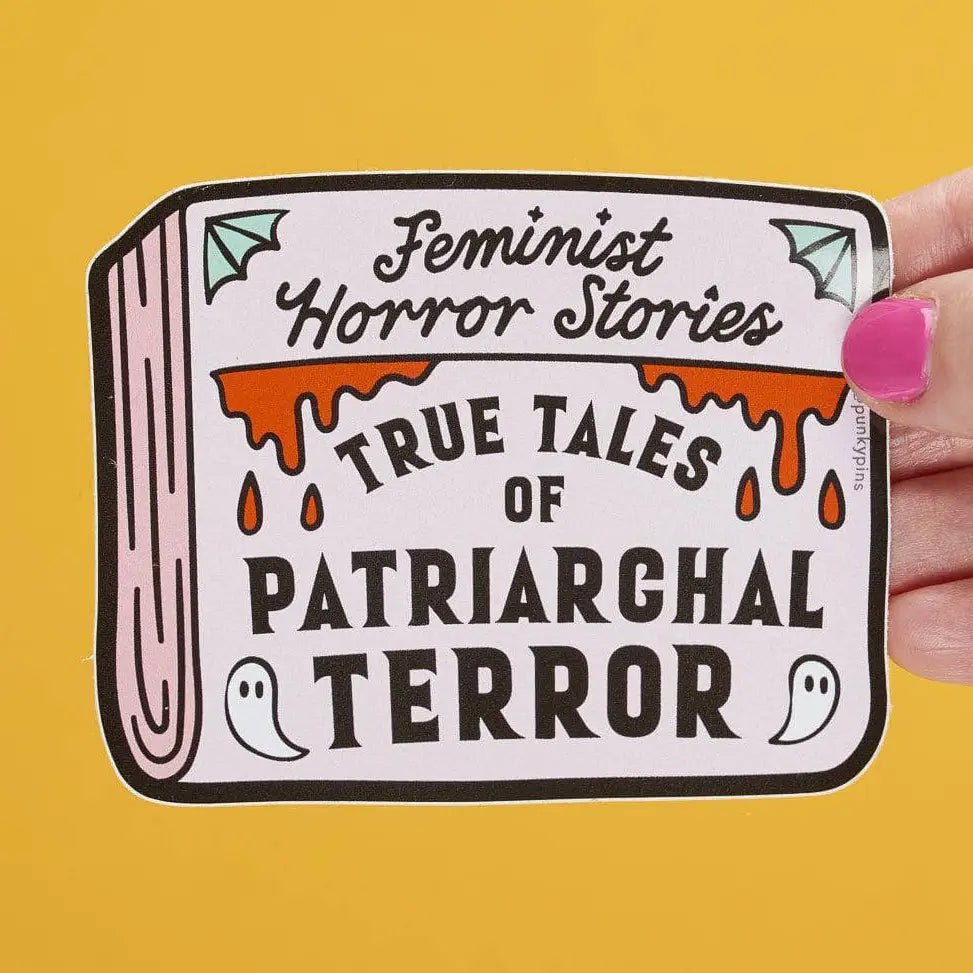 Book-shaped sticker: Feminist horror stories, true tales of patriarchal terror