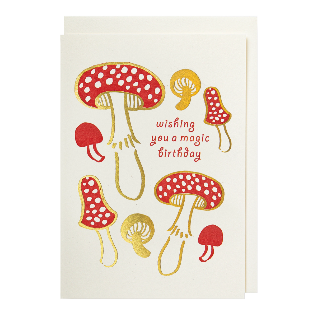 Archivist card: red and gold toadstools with 'Wishing you a magic birthday'