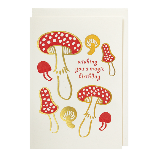 Archivist card: red and gold toadstools with 'Wishing you a magic birthday'