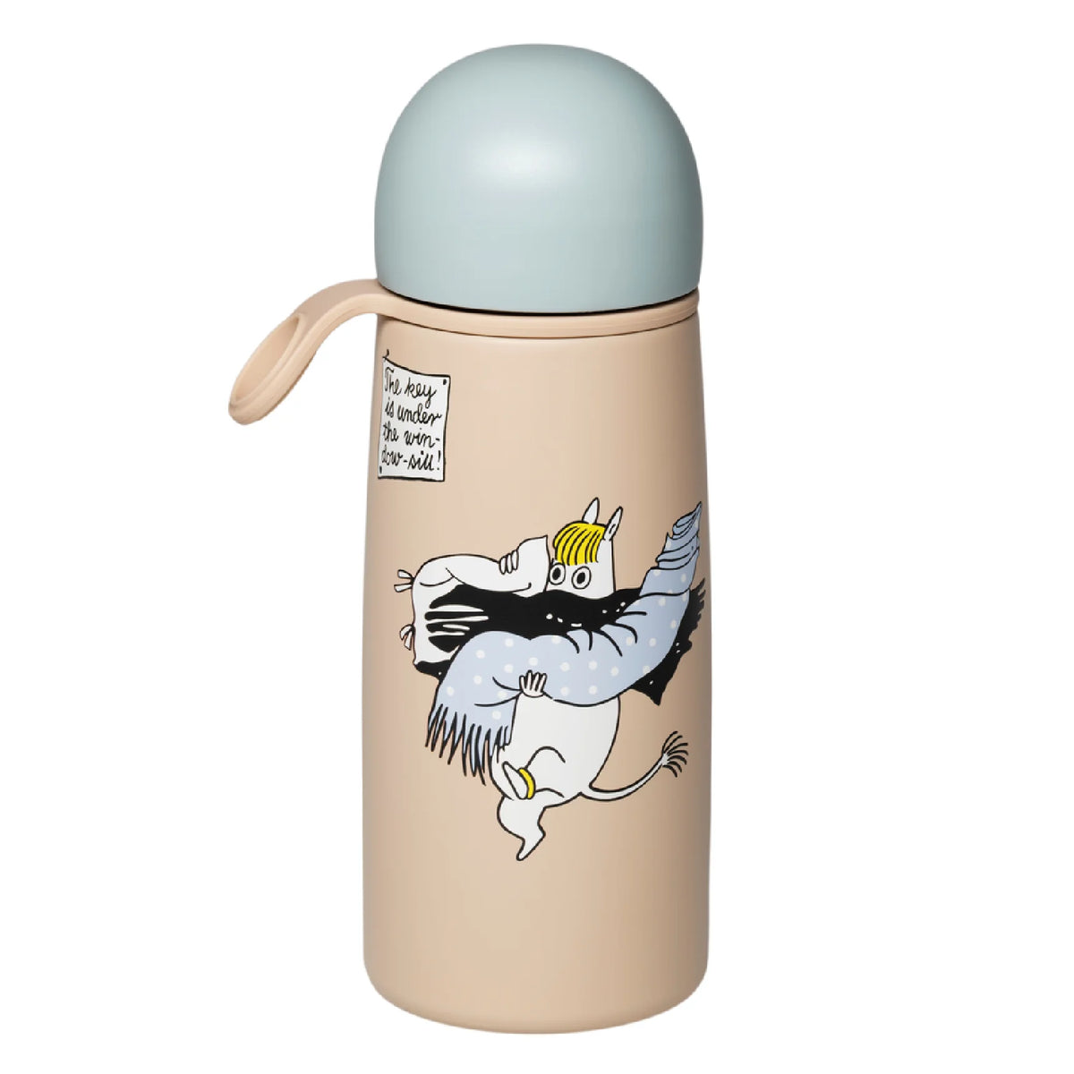Other side of the thermos with a Moomin carrying luggage