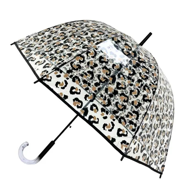 Clear dome umbrella with a leopard print pattern and a clear crook handle