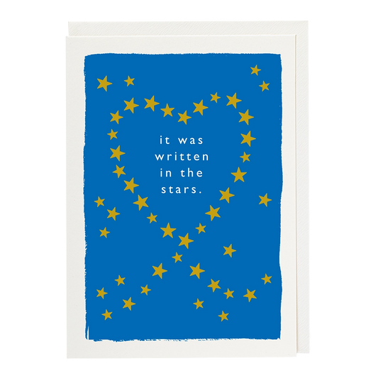 Blue card with gold stars making a heart: it was written in the stars.