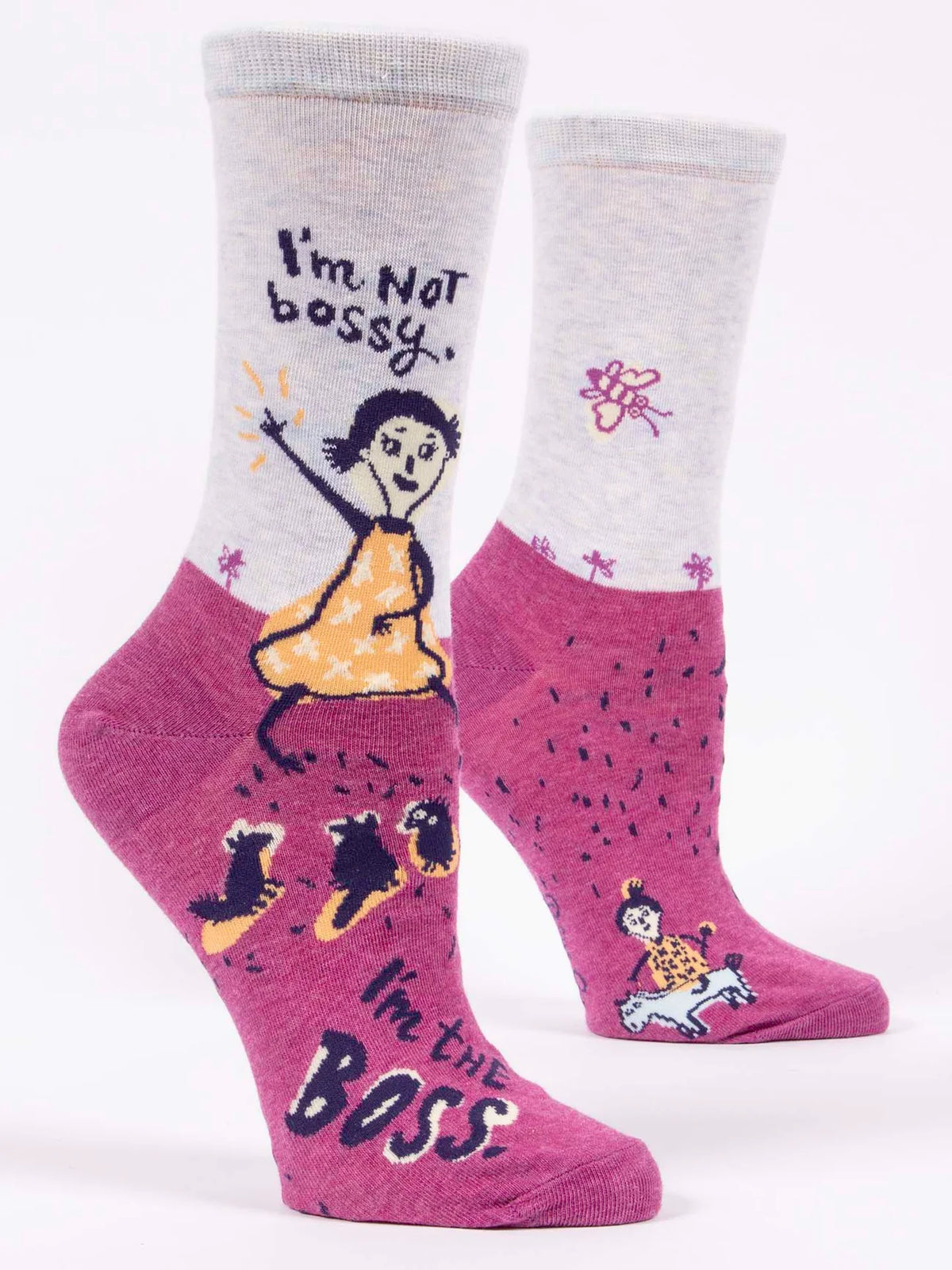 Pink and grey women's socks with a woman waving: I'm not bossy, I'm the boss