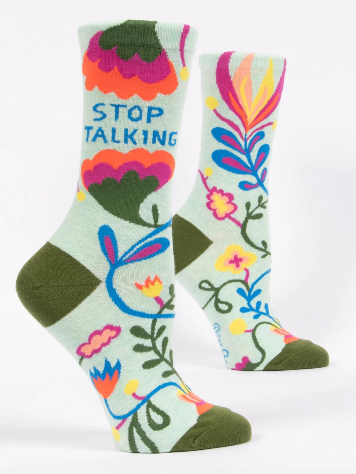 Mint women's socks with bright folk flowers: Stop talking