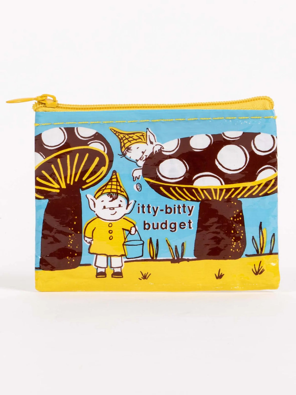 Blue Q coin purse: elves among giant toadstools, with 'Itty-bitty budget'