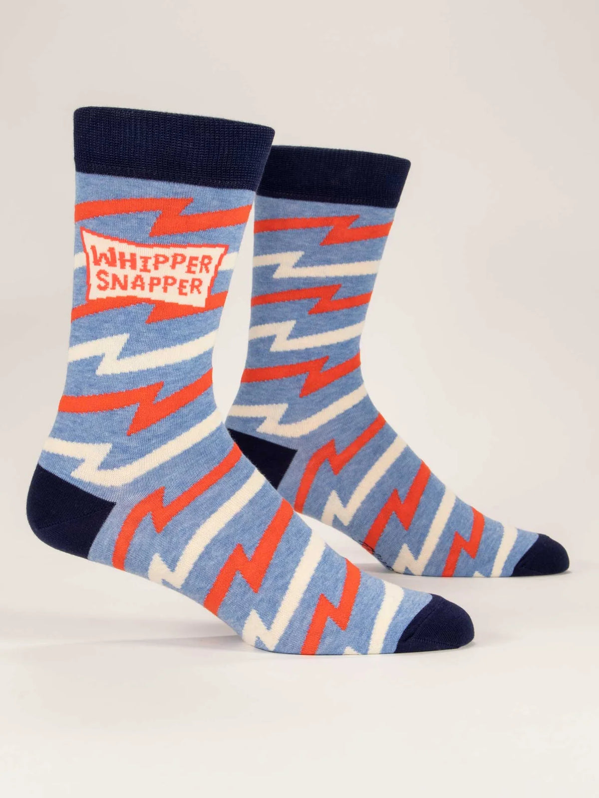 Blue Q men's socks: blue with red and white zigzag stripes and 'Whippersnapper', on leg forms