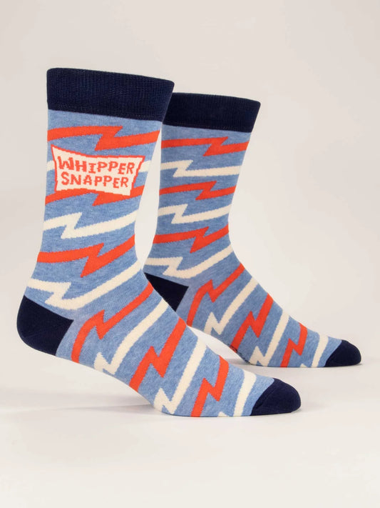 Blue Q men's socks: blue with red and white zigzag stripes and 'Whippersnapper', on leg forms