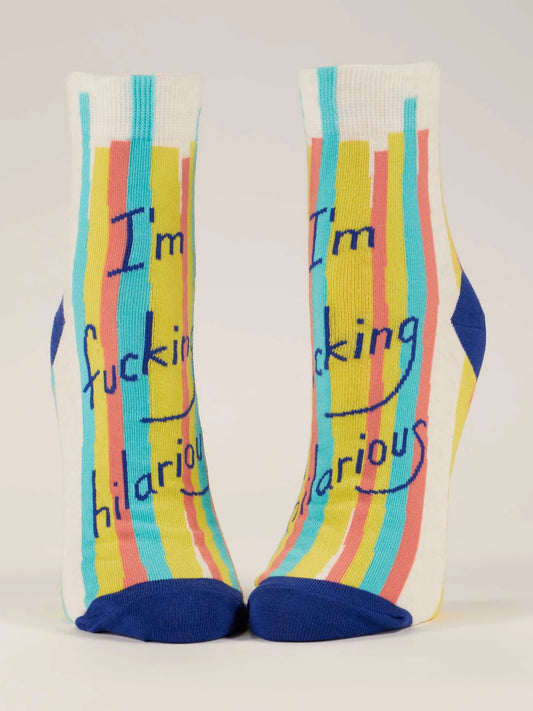 Rainbow striped ankle socks with navy heels and toes: I'm fucking hilarious
