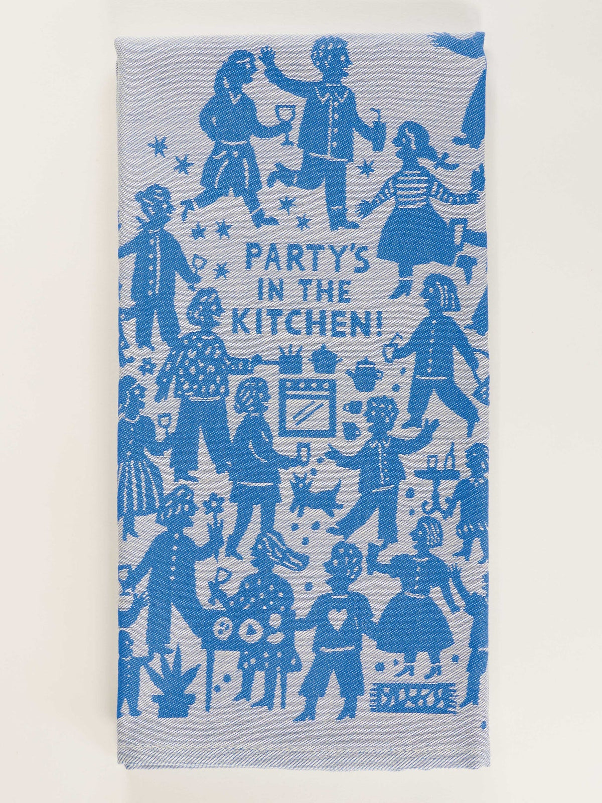 Blue Q woven tea towel, folded: blue figures dancing around 'Party's in the kitchen!'