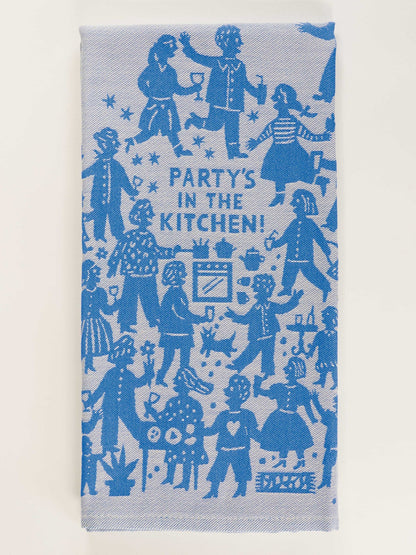 Blue Q woven tea towel, folded: blue figures dancing around 'Party's in the kitchen!'