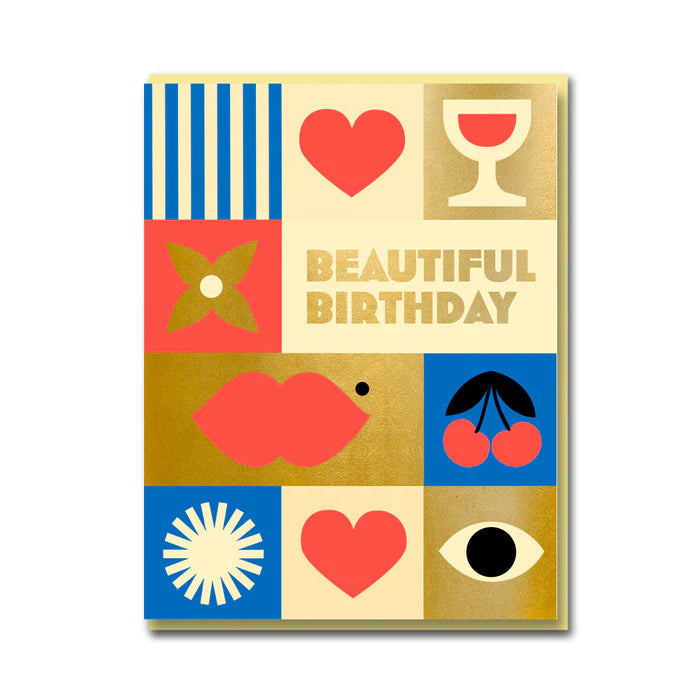 Gold foil grid card with hearts, cherries, lips, a glass of wine and a flower: Beautiful Birthday