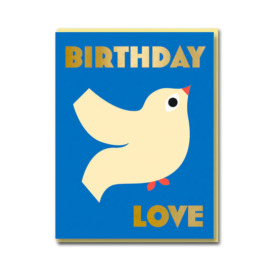 1973 card: a cream dove on blue with gold 'Birthday love'