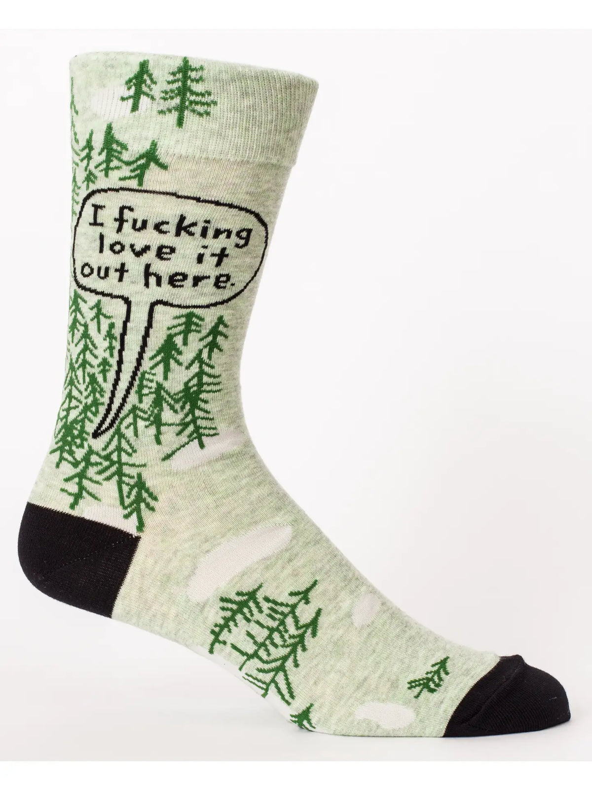 Green men's socks with pine trees and a speech bubble: I fucking love it out here