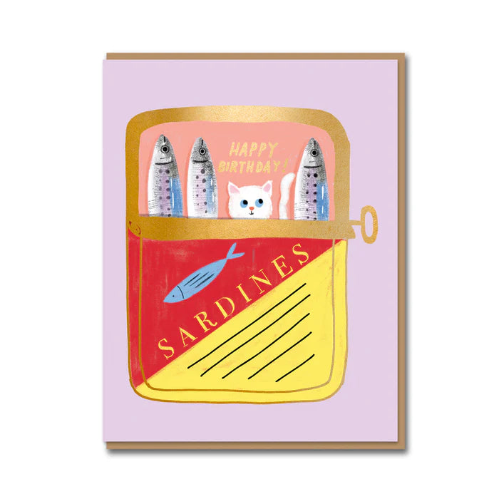Lilac card with a white cat peeking out of a tin of sardines: Happy birthday