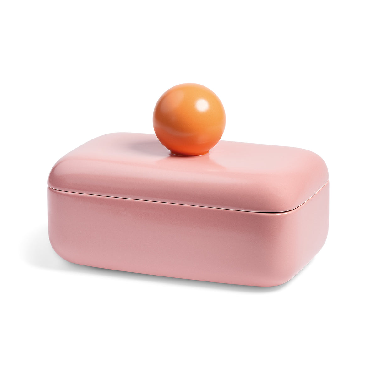 Pink ceramic lidded box with a round orange knob handle