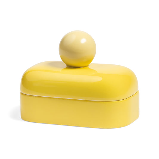 Klevering small yellow glazed ceramic jar with a round ball handle on the lid