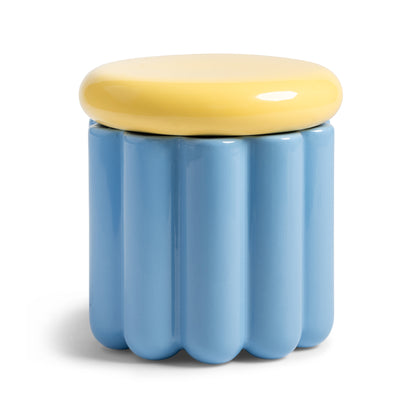 &K Charlo jar: a wavy pale blue ceramic jar with a round yellow lid