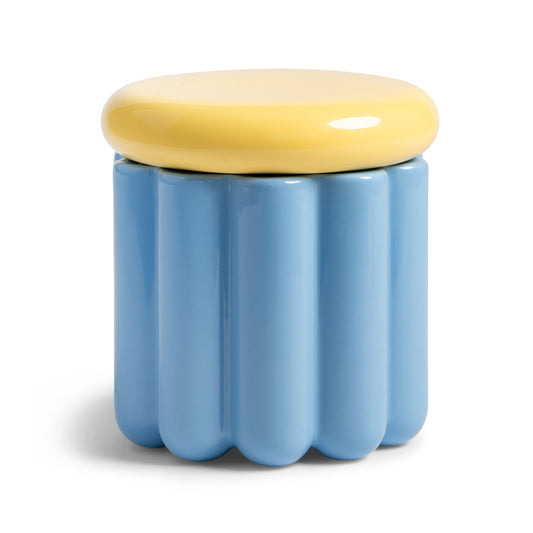 &K Charlo jar: a wavy pale blue ceramic jar with a round yellow lid