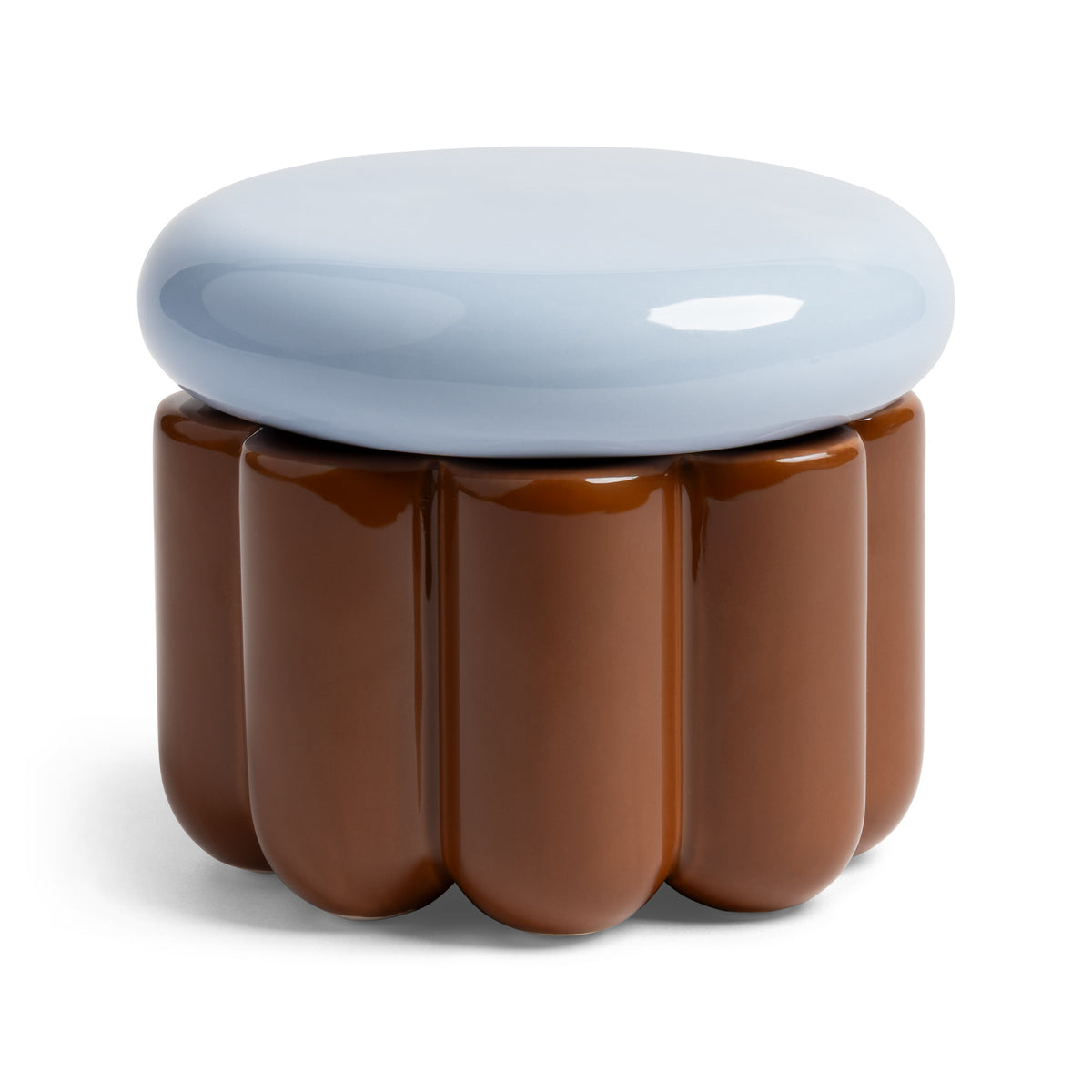 &K Charlo jar: a wavy brown ceramic jar with a round pale blue lid