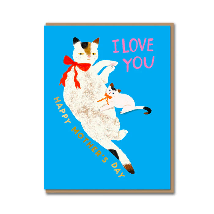 1973 card: a cat carrying a kitten with a red bow, with 'I love you' and 'Happy Mother's Day' on blue