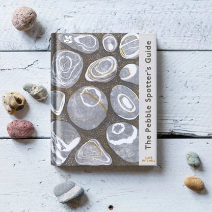 The Pebble Spotter's Guide on a white wooden table surrounded by real pebbles