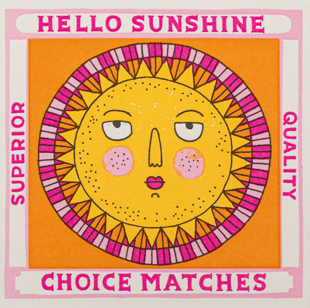 Archivist Hello Sunshine matches: a sun face in a decorative border, with 'Superior quality choice matches'