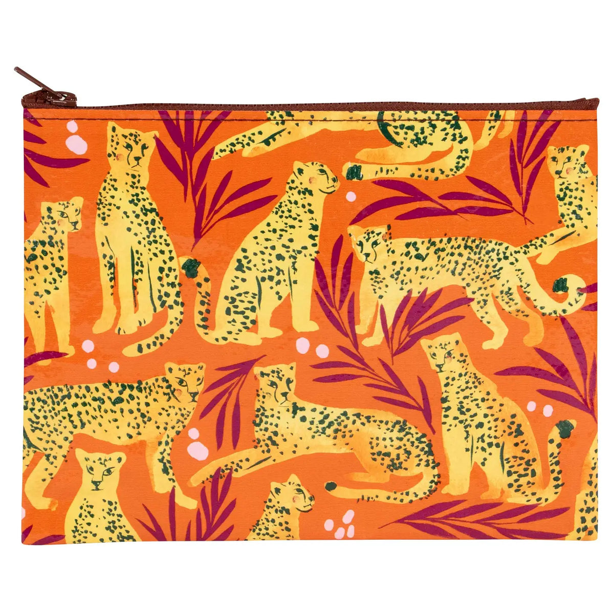 Blue Q zip pouch: leopards among pink leaves on orange