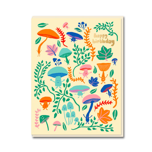 Cream card covered in colourful mushrooms and leaves: happy birthday