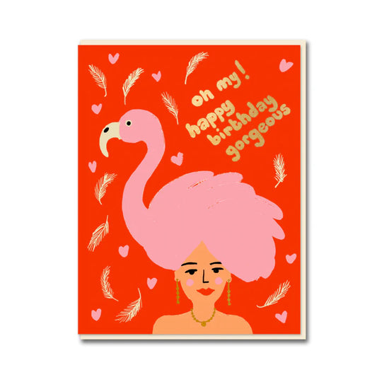 1973 card: a woman whose hair is a pink flamingo, with 'Oh my! Happy birthday gorgeous'