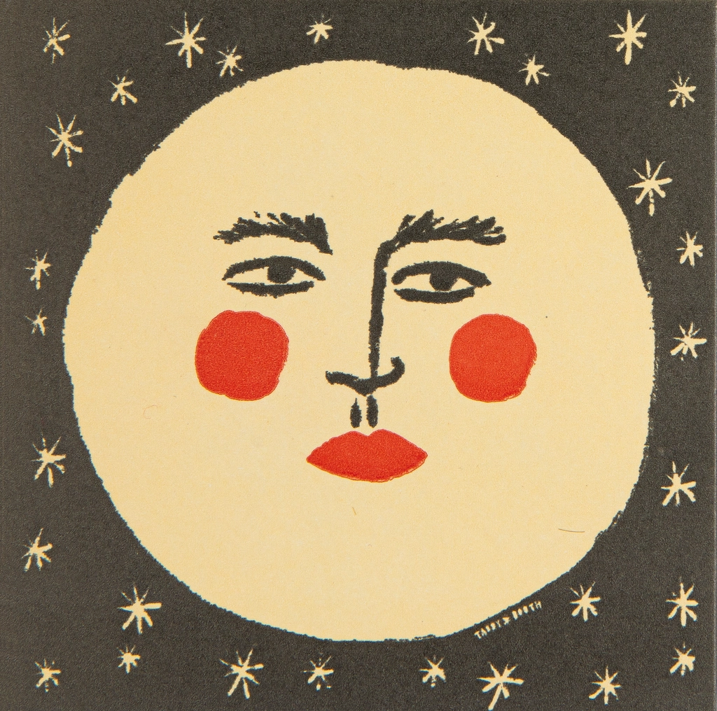 Archivist Moon matches: a cream full-moon face with red cheeks and lips, surrounded by gold stars on black