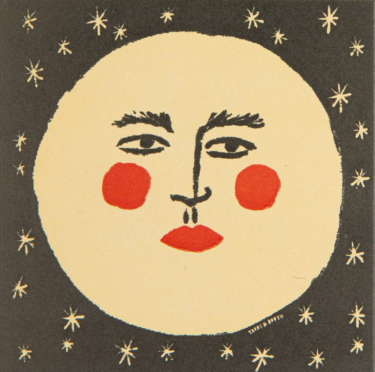 Archivist Moon matches: a cream full-moon face with red cheeks and lips, surrounded by gold stars on black