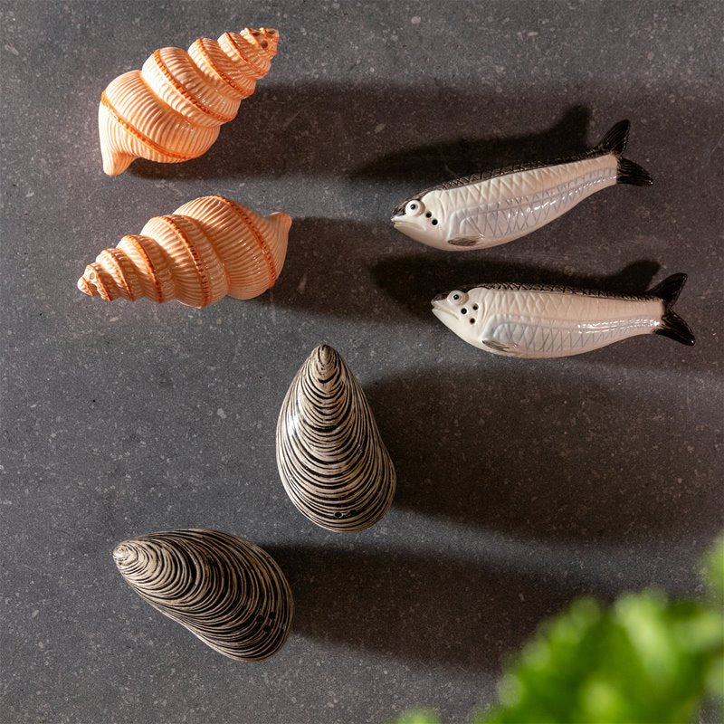 Sardine shakers on slate among shell-shaped shakers