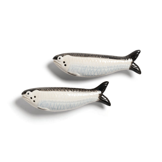 Pair of silver and black sardine salt and pepper shakers