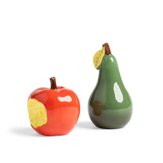 Ceramic salt and pepper shakers shaped as a red bitten apple and a green pear