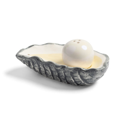 &K oyster salt and pepper: a ceramic oyster shell holding a pearl-shaped shaker