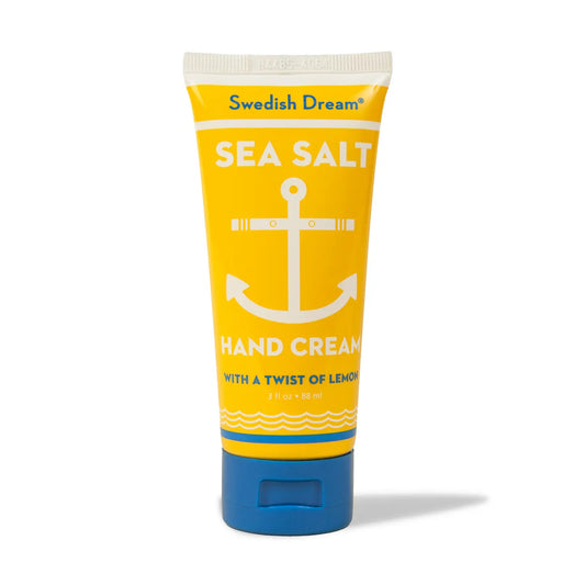 Swedish Dream sea salt hand cream with a twist of lemon, in a yellow tube with an anchor