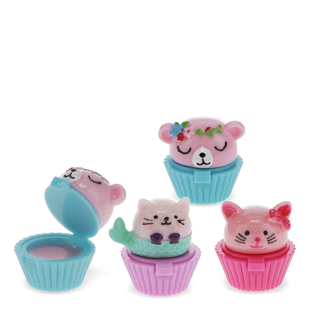 Cupcake lip glosses with mermaid, cat and bear lids