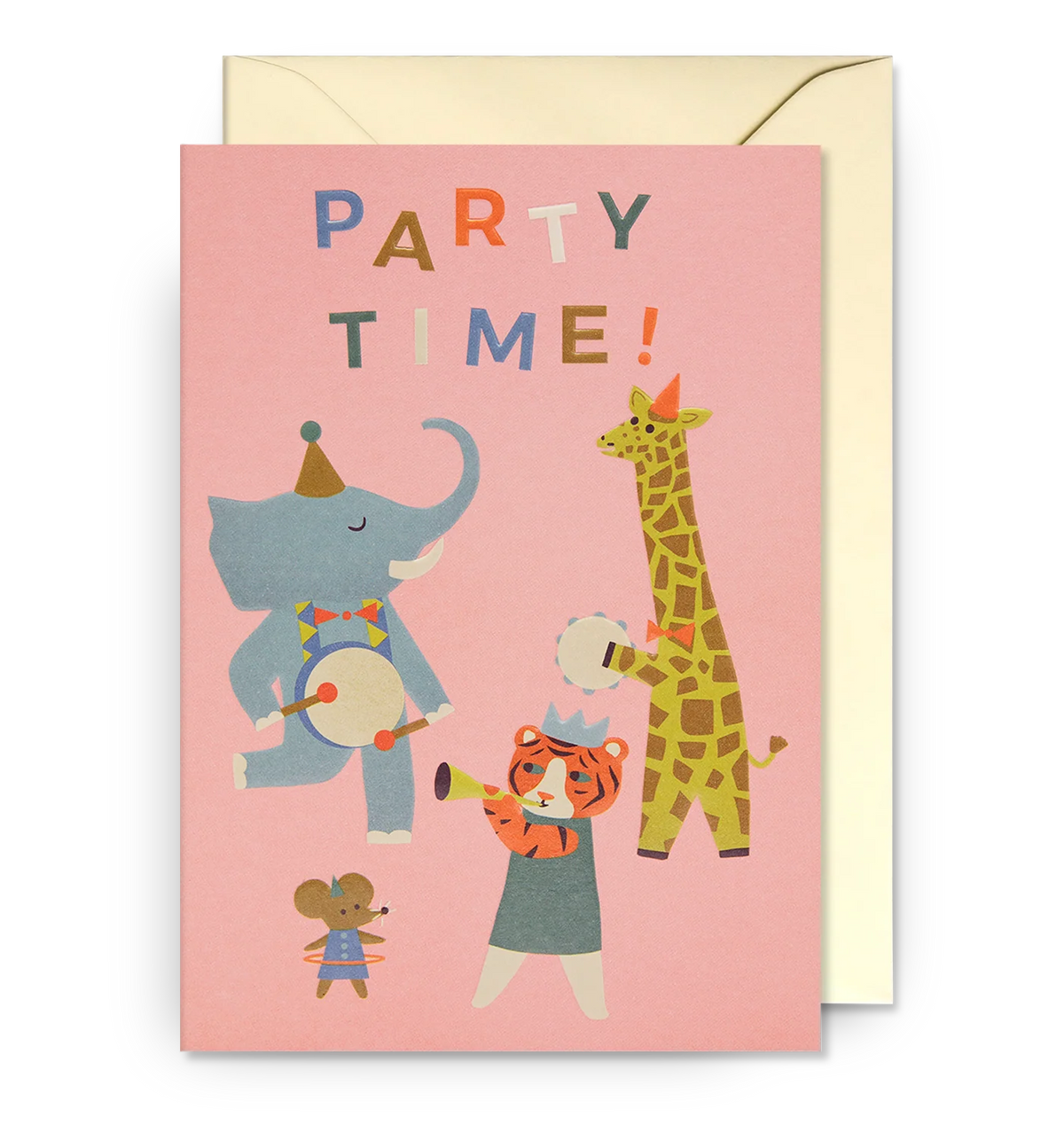 Pink card with an elephant, giraffe, tiger and mouse in a marching band: Party time!