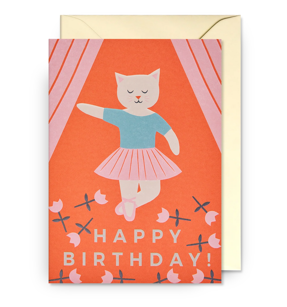 Orange card with a cat ballerina in a tutu: Happy birthday!