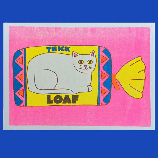 Naomi Wilkinson A5 mini print: a cat in a 'Thick loaf' bread packet, on pink