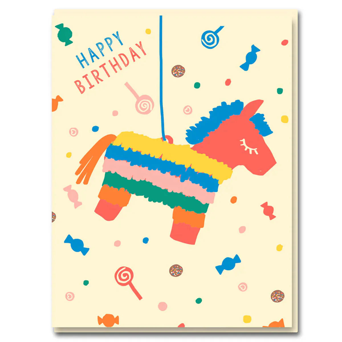 Cream card with a rainbow striped donkey piñata, sweets and confetti: Happy Birthday