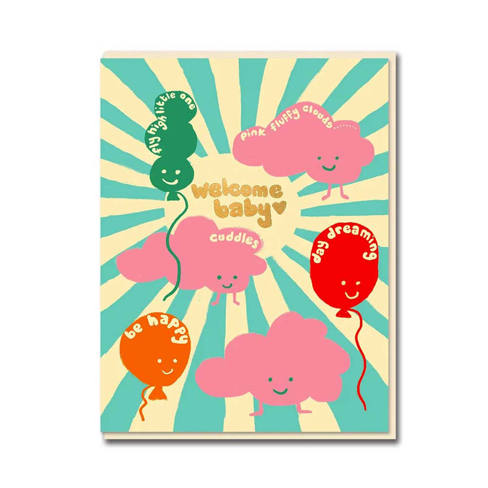 1973 baby card: smiling clouds and balloons on a teal sunburst, with 'Welcome baby'