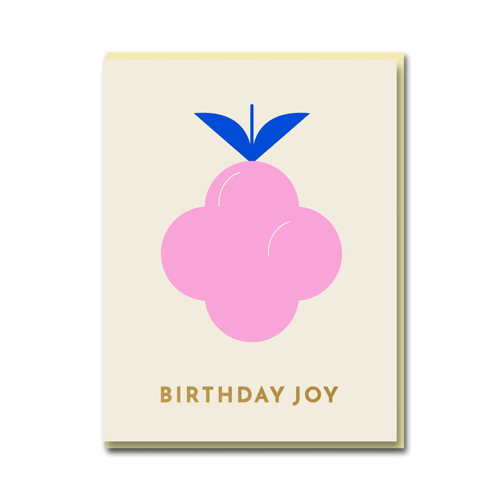 1973 card: a pink berry with a blue leaf and gold 'Birthday joy'