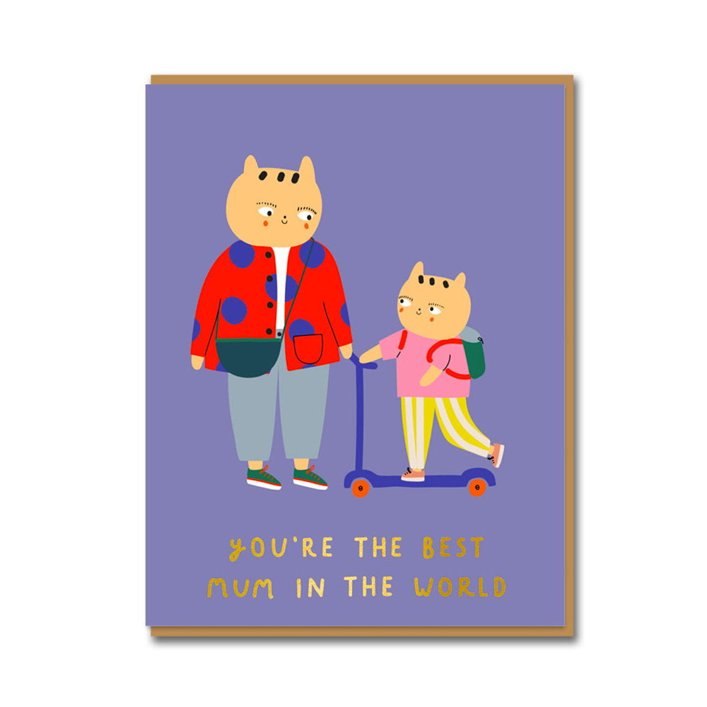 1973 card: a cat mum and kitten on a scooter on purple, with gold 'You're the best mum in the world'